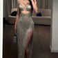 Silver Fashion Slim Spaghetti Straps Beaded Slit Long Elegant Ball Gown Formal Evening Dress nv3184