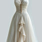 Ivory Elegant V Neck Exquisite Gemstone A-Line Long Tulle Ball Gown Evening Gown Wedding Dress nv3460