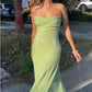 Limettengrüne Spaghettiträger mit Rüschen, glänzendem elastischem Schlitzschwanz, Farbverlauf, langes Meerjungfrau-Ballkleid, Abendkleid, Partykleid nv2407
