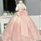 Pink/blue/Purple Sweet Bow Decoration Long Tulle Short Sleeve Ball Gown Evening Dress nv2983