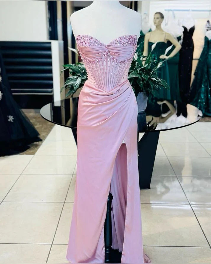 Robe de soirée longue en satin bleu, magnifique, brillante, exquise, perlée, élégante et sexy, fendue, robe de bal, robe de soirée nv4148