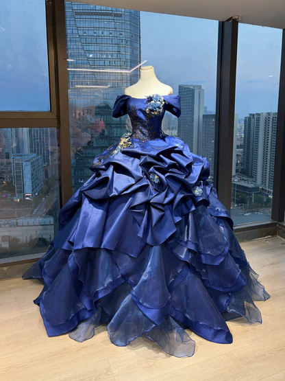 Off Shoulder Royal Blue Ball Gown Puff Sleeve Beaded Embroidery 3D Flower Satin Ruffle Prom Dress  NV7039