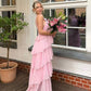 Robe de soirée longue en mousseline de soie rose à volants, jolie et mignonne, longueur au sol, pour bal de promo, pour 22e anniversaire, nv3904
