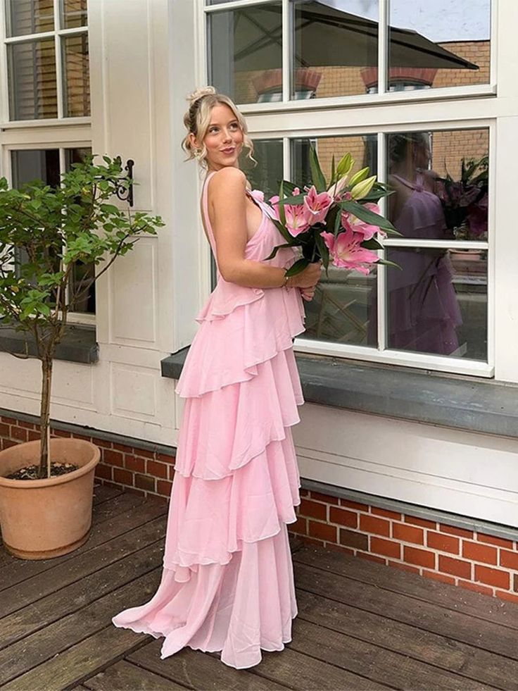 Robe de soirée longue en mousseline de soie rose à volants, jolie et mignonne, longueur au sol, pour bal de promo, pour 22e anniversaire, nv3904