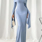 Blue simple fashion off-shoulder pleated long sleeves long slit ball gown evening dress party dress nv2618