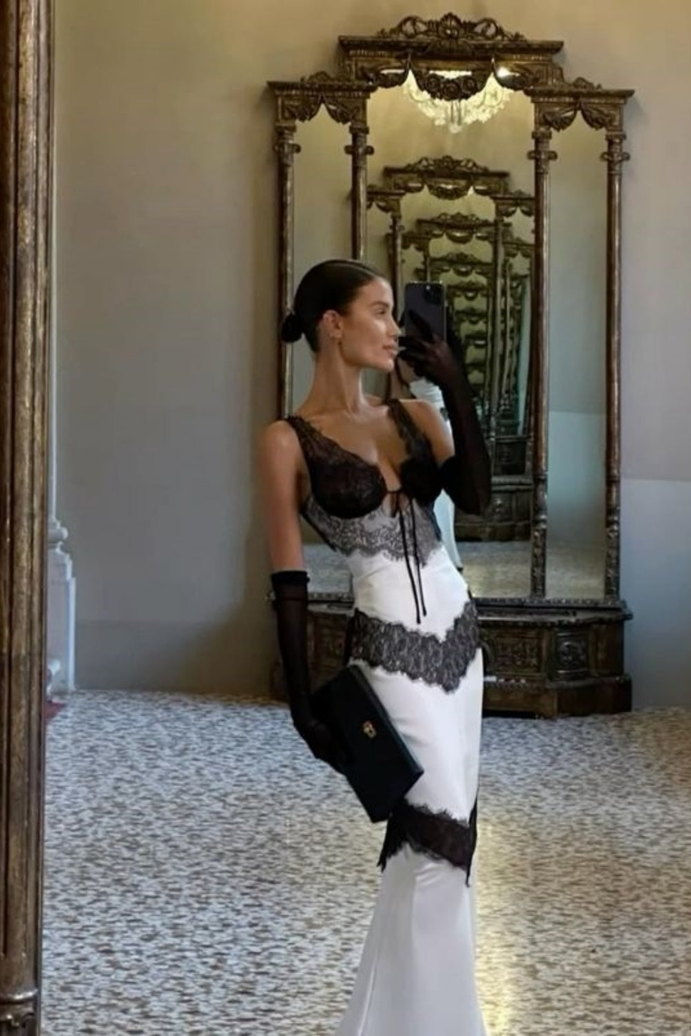 Robe de soirée longue en satin, élégante et sexy, en dentelle contrastée noire et blanche, tenue de soirée pour invités de mariage, nv4806