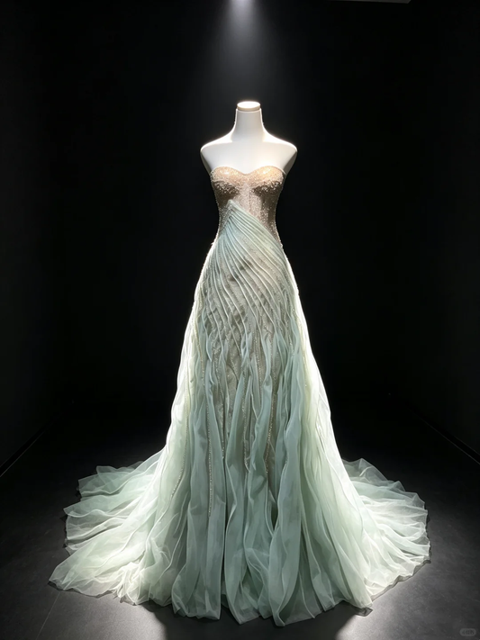 Mint Green Strapless Long Mermaid Formal Gown Hand Beaded Draped Tulle Evening Dress  NV6956