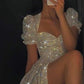 Silver/Gold Fashion Sequin Elegant Short Sleeve Long Slit Sexy Ball Gown Evening Dress nv2663