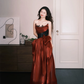 Burgundy Strapless Lace Waist Satin Evening Ball Gown  NV7324
