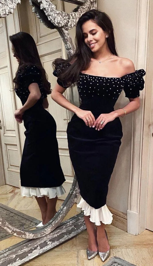 Black Off Shoulder Fashion Sexy Elegant Slim Fit Long Prom Gown Evening Dress Party Dress with Rhinestones nv2435