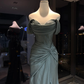 Dusty Teal Strapless Satin Mermaid Evening Dress, Draped Neck Corset Gown with Twist Waist Detail  NV7093