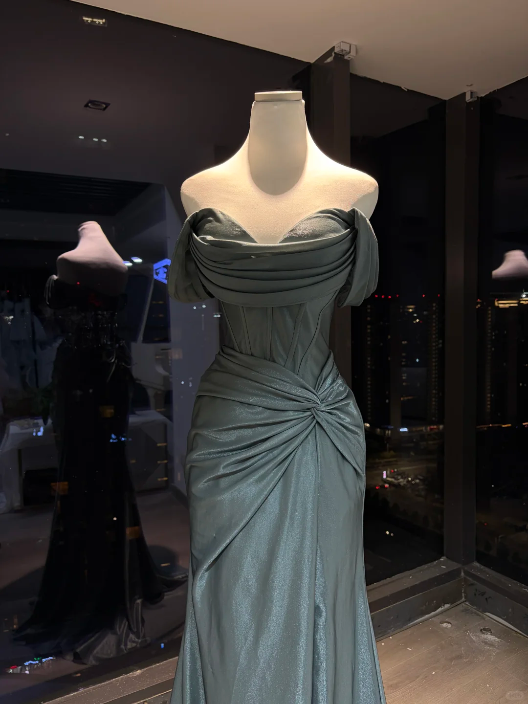 Dusty Teal Strapless Satin Mermaid Evening Dress, Draped Neck Corset Gown with Twist Waist Detail  NV7093