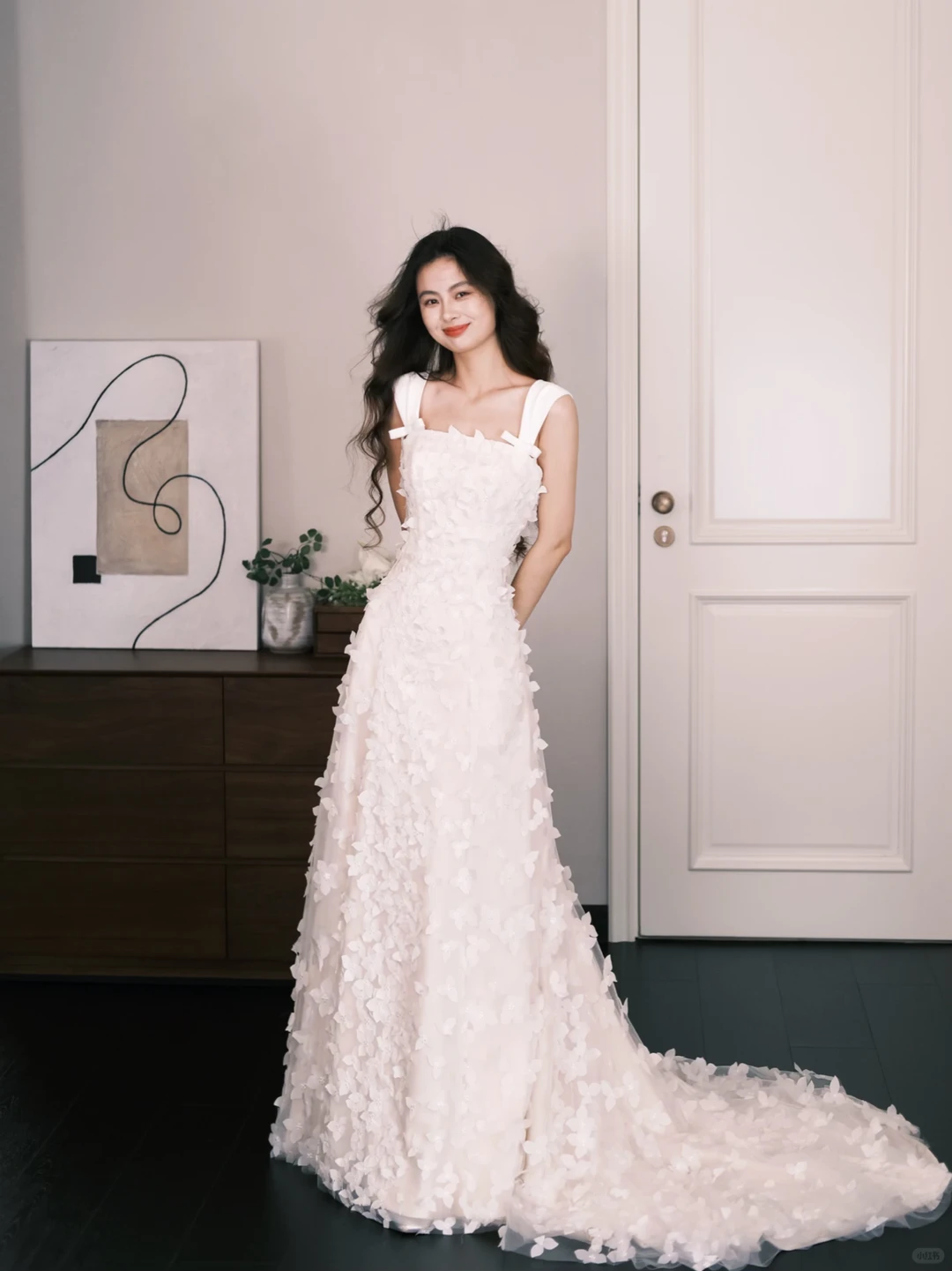 3D Floral Tulle Wedding Dress Square Neck Wide Strap  NV7316
