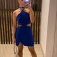 Robe de soirée courte à lacets bleus simples, col licou, épaules dénudées, taille basse, mini, robe de soirée nv2383