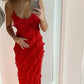Robe de soirée longue rouge élégante à bretelles spaghetti en mousseline de soie à volants, tenue de bal, de vacances, d'anniversaire, de bal, nv3955