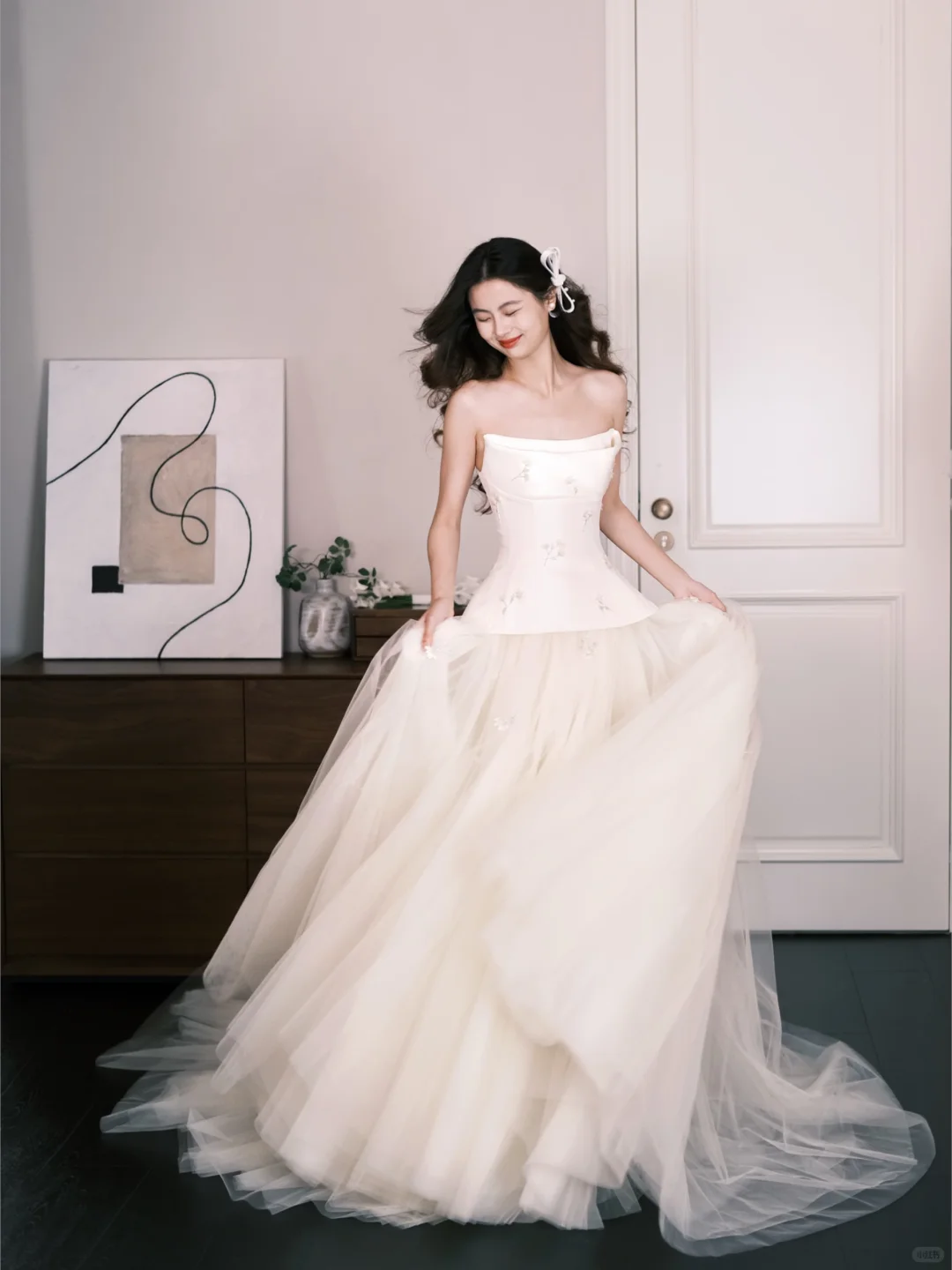 Strapless Satin Tulle Wedding Dress, Ivory Princess Bridal Ballgown  NV7291