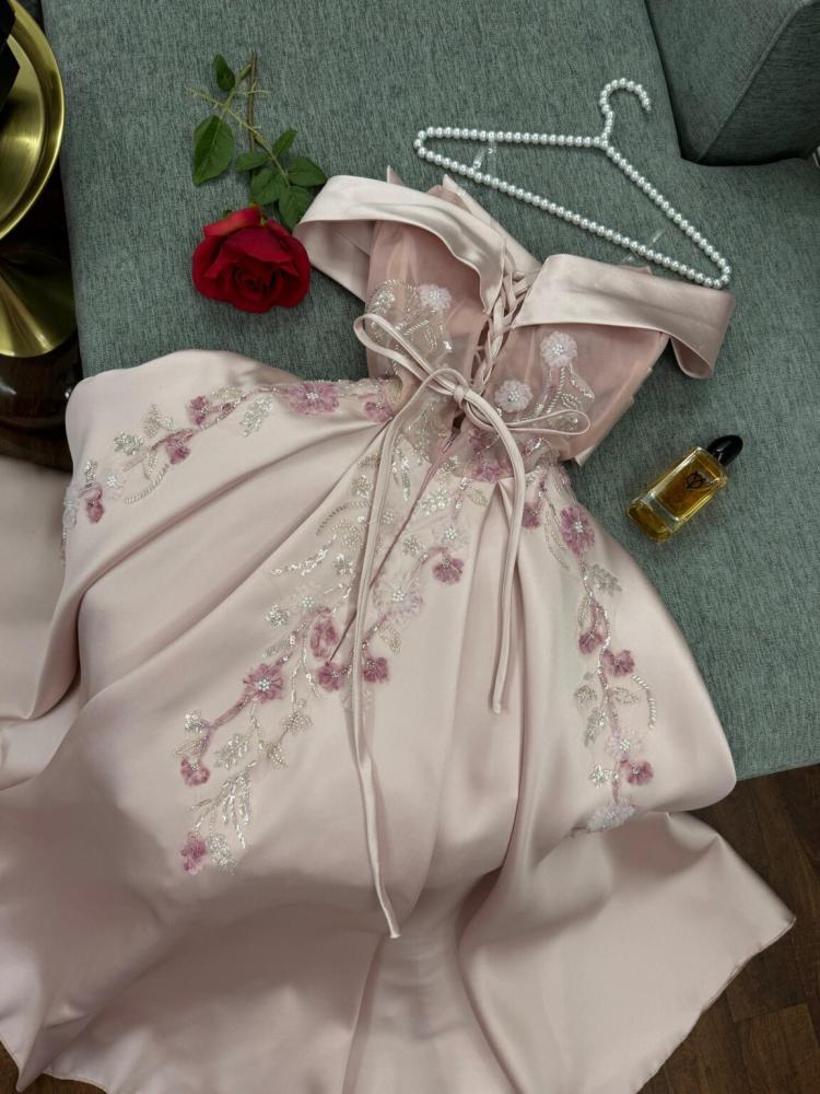 Pink Satin Embroidered Beaded Long Off Shoulder Short Sleeve Prom Dress Evening Dress Graduation Dress nv3000