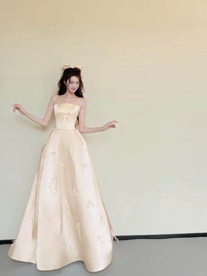 Champagne Strapless Bow Satin Ball Gown Prom Dress  NV7434