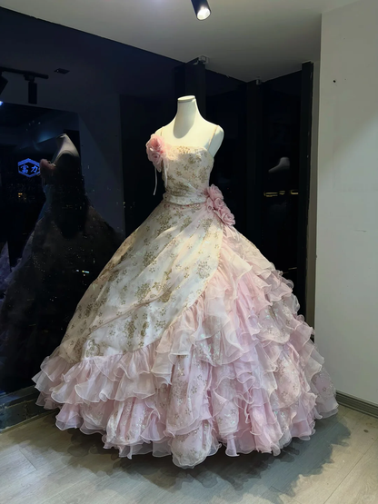 Pink Ombre Spaghetti Straps Ball Gown Gold Glitter Floral 3D Rose Tiered Ruffle Tulle Fairy Prom Dress  NV6939
