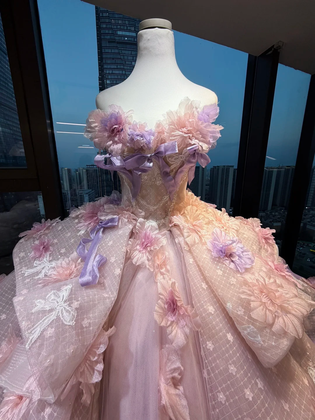 Pink Lavender Strapless Ball Gown 3D Floral Satin Bow Lace Corset Fairy Prom Dress  NV6950