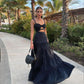 Black fashion exposed waist spaghetti strap long ball gown evening dress nv2959