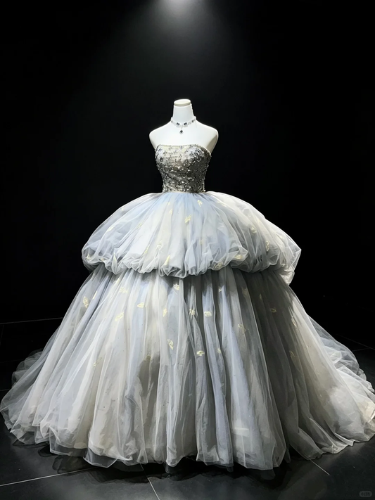 Strapless Dusty Blue Princess Ball Gown Beaded Rhinestone Tiered Bubble Tulle Gold Butterfly Prom Dress  NV6977