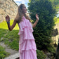 Robe de soirée longue en mousseline de soie rose à volants, jolie et mignonne, longueur au sol, pour bal de promo, pour 22e anniversaire, nv3904