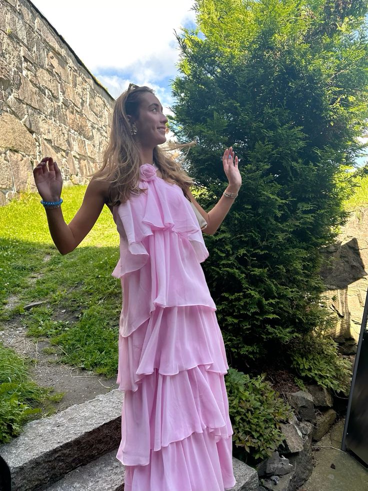Robe de soirée longue en mousseline de soie rose à volants, jolie et mignonne, longueur au sol, pour bal de promo, pour 22e anniversaire, nv3904