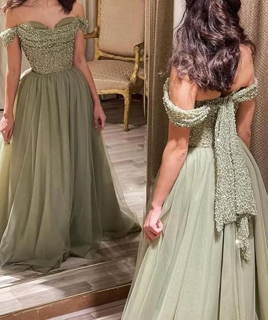 Elegant Off Shoulder Sage Green Evening Dress Luxury Beaded Arabic Long Formal Party Gown nv1194