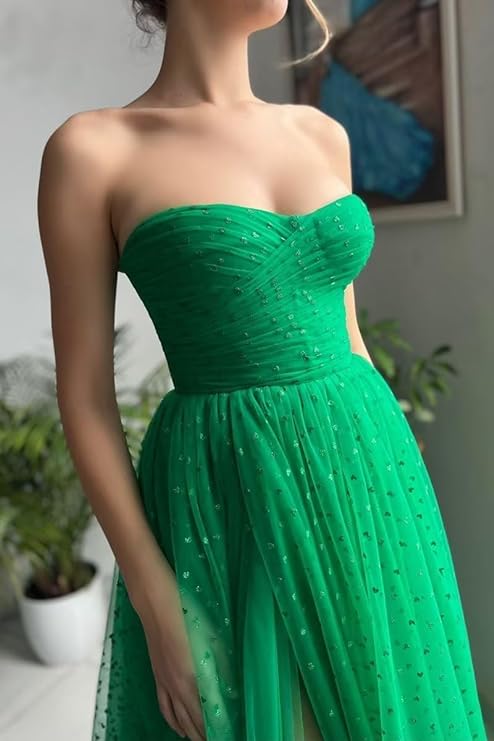 Trendy Grünes A-Linien-Ballkleid aus trägerlosem Tüll mit Herzausschnitt und Pailletten nv1642