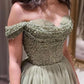 Elegant Off Shoulder Sage Green Evening Dress Luxury Beaded Arabic Long Formal Party Gown nv1194