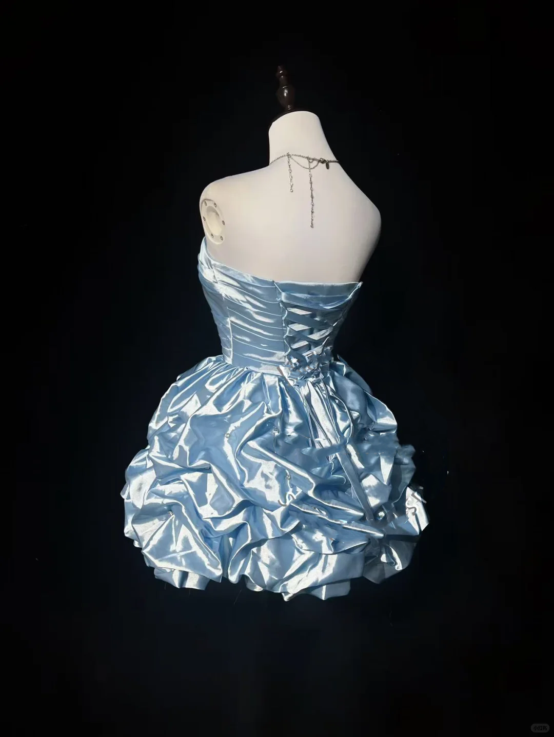 Light Blue Strapless Short Homecoming Dress Ruched Satin Puffy Ruffle Skirt Rhinestone Formal Cocktail Gown  NV6907