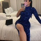 Blue shiny sequined high collar one shoulder long slit sexy ball gown evening dress nv3190