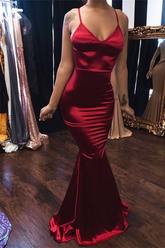 Rot/Lila Mode Sexy V-Ausschnitt Spaghettiträger Lange Rückenfreie Krawatte Meerjungfrau Fit Bodenlangen Ballkleid Abendkleid Partykleid nv3668