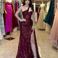 Burgunderrotes sexy heißes One-Shoulder-Ballkleid ohne Ärmel mit Paillettenapplikationen nv1760