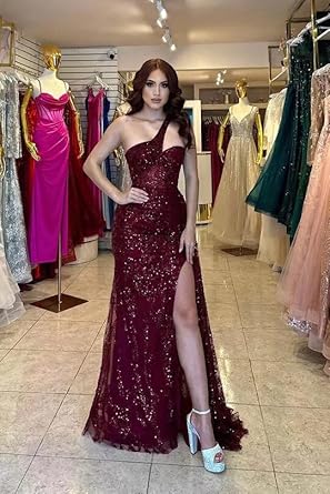 Burgunderrotes sexy heißes One-Shoulder-Ballkleid ohne Ärmel mit Paillettenapplikationen nv1760