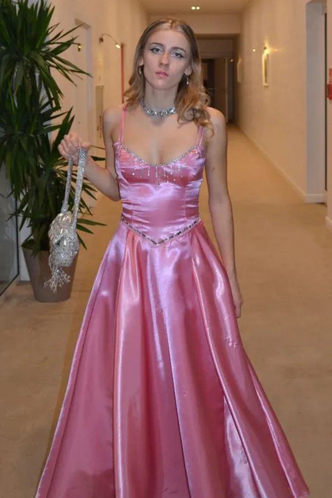 Robe de soirée longue en satin rose brillant, élégante et raffinée, à bretelles spaghetti, sans manches, coupe trapèze, robe de bal, robe de soirée, robe de soirée nv3700