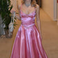 Robe de soirée longue en satin rose brillant, élégante et raffinée, à bretelles spaghetti, sans manches, coupe trapèze, robe de bal, robe de soirée, robe de soirée nv3700