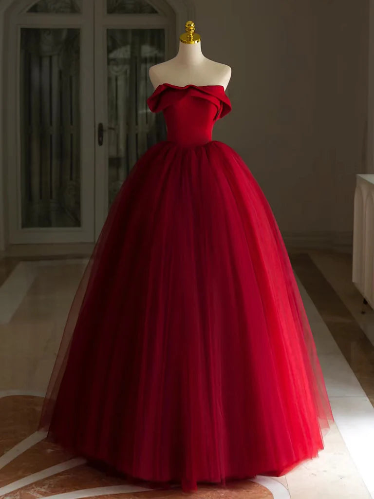 A-Linie Tüll Burgunderrot Langes Ballkleid, Burgunderrot Langes Abendkleid nv1681