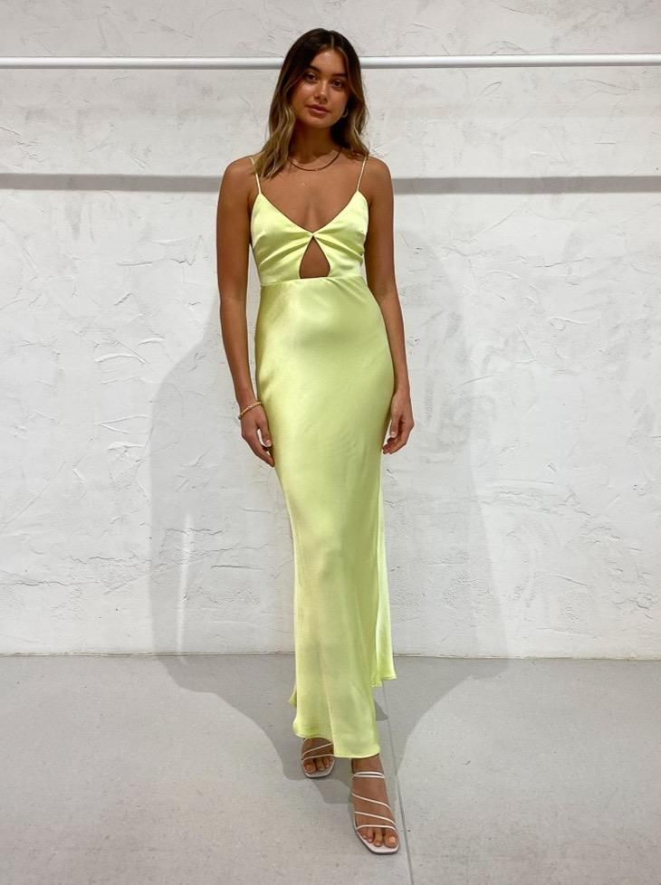 Gelbgrünes Spaghettiträger-Satin-Ballkleid, Abendkleid, Partykleid, nv1849
