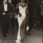 Robe de soirée longue en satin et dentelle beige nv4870