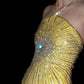 Robe de soirée courte en mousseline de soie, luxueuse et brillante, jaune, avec perles, pour anniversaire, cocktail, NV4657