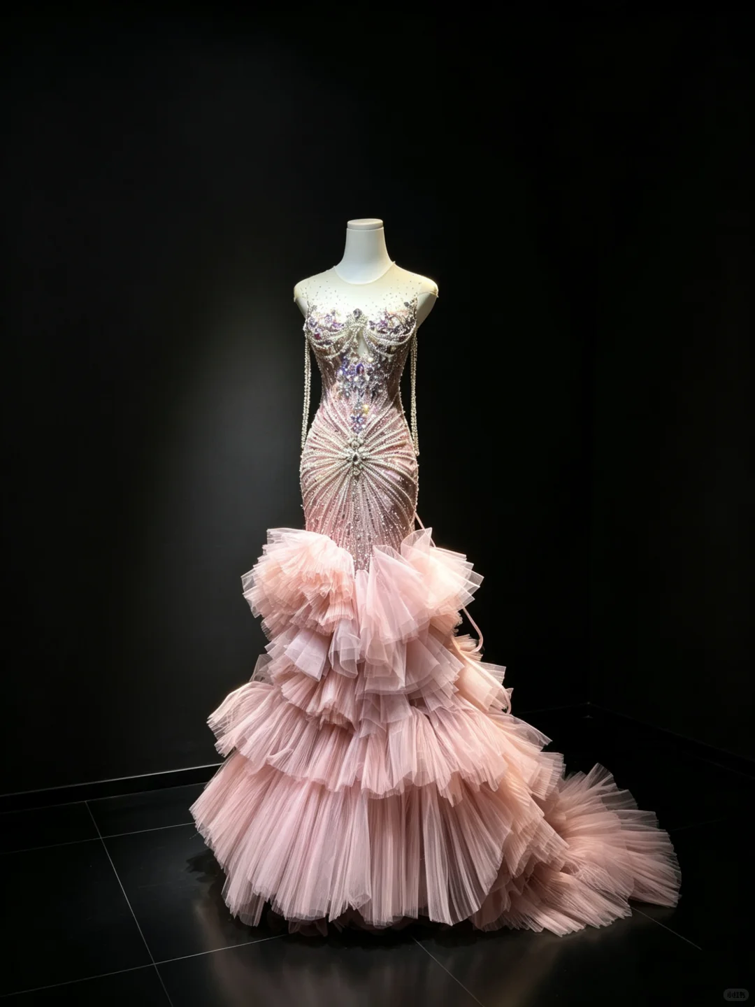 Sleeveless Dusty Pink Mermaid Prom Dress Rhinestone Beaded Tiered Ruffle Tulle Long Train Evening Gown  NV6988
