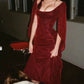 Robe de soirée élégante à manches mi-longues en velours bordeaux, robe de bal élégante, robe de soirée, robe de bal, robe de bal, impressionnante, mode automne hiver, nv2575