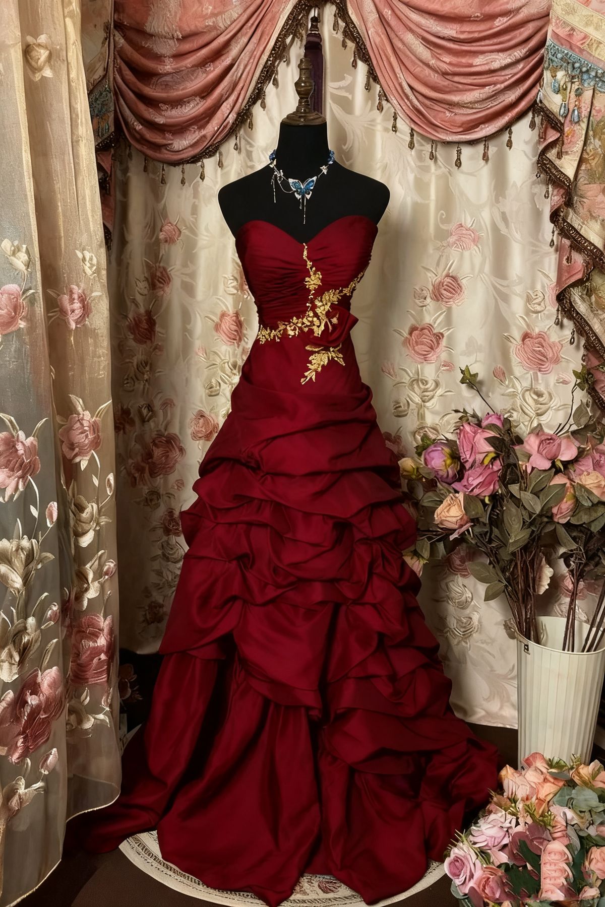 Robe de cour vintage longue sans manches, en satin bordeaux brodé d'or, NiceVestidos NV6195