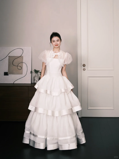 Square Neck Tiered Tulle Wedding Dress with Detachable Puff Sleeves  NV7379