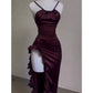 Purple/Black Fashion Chic Suspender Bodycon Long Satin Slit Sexy Elegant Prom Dress Evening Dress Party Dress nv3428