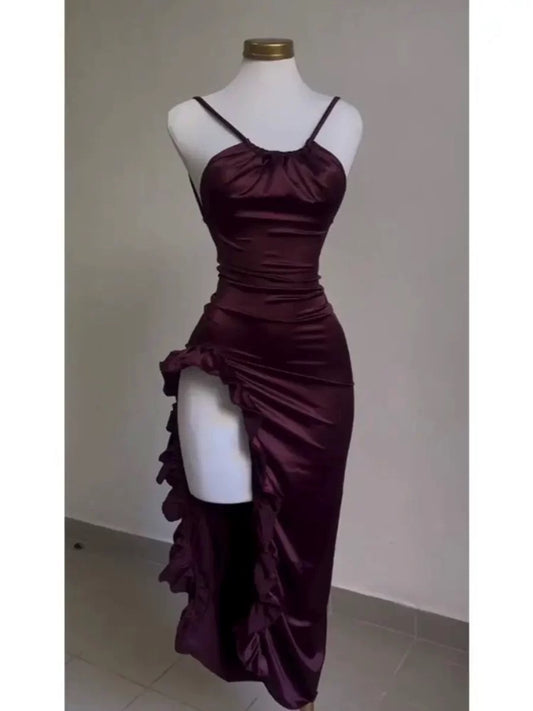 Purple/Black Fashion Chic Suspender Bodycon Long Satin Slit Sexy Elegant Prom Dress Evening Dress Party Dress nv3428