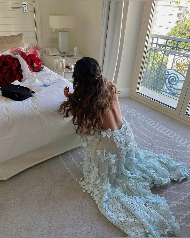 Elegant Light Blue tulle Long Ball Gown Evening Dress with Open Back High Low Floral nv2855