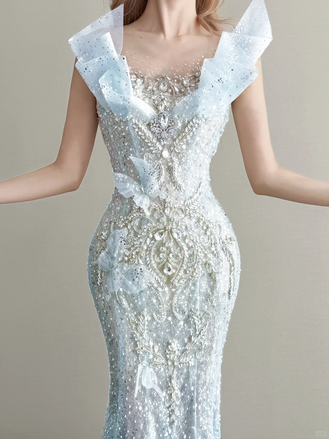 Ice Blue V Neck Prom Gown Ruffle Shoulder Beaded Sequin Mermaid Long Train Evening Dress  NV7161
